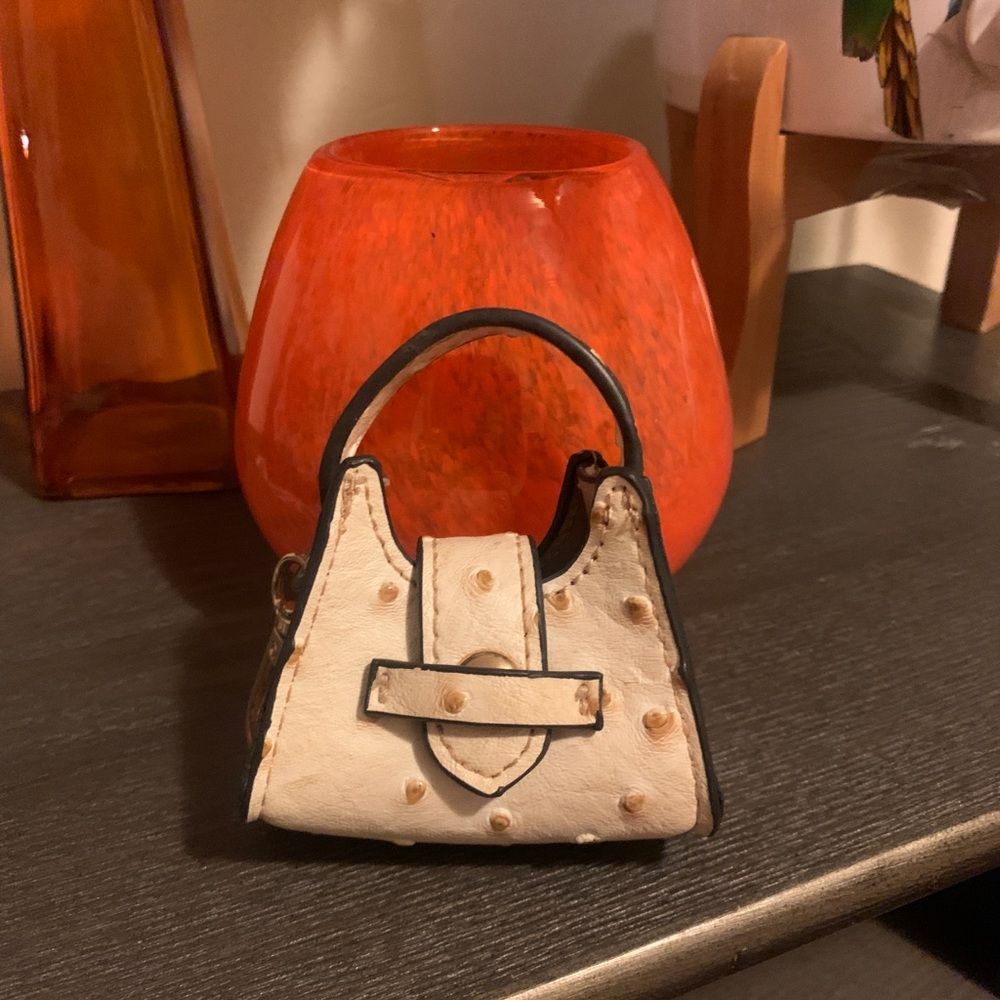 Cream Mini Tote Bag Keychain with Gold Hardware